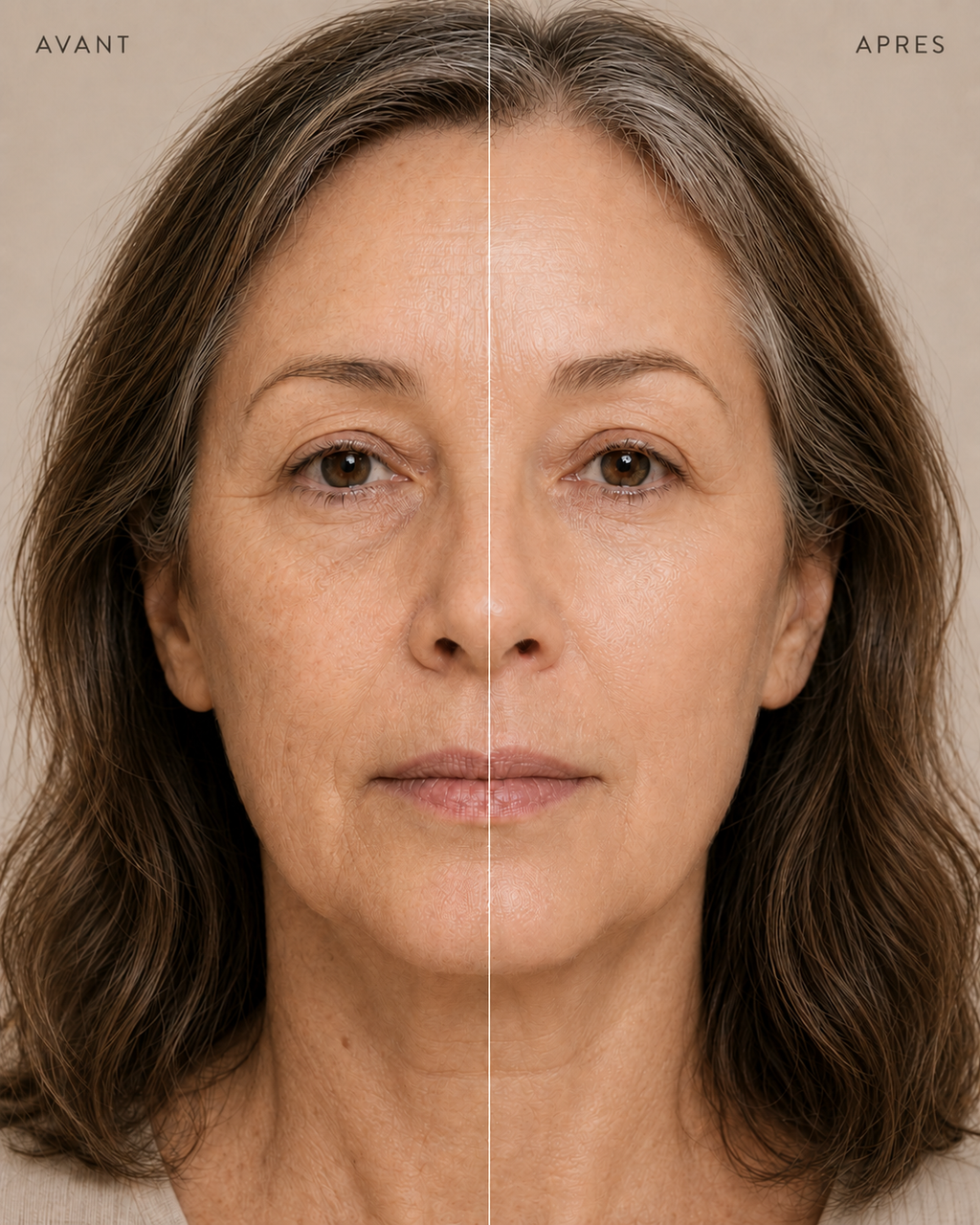 Avant/après application du fond de teint Adapt&Glow sur peau mature